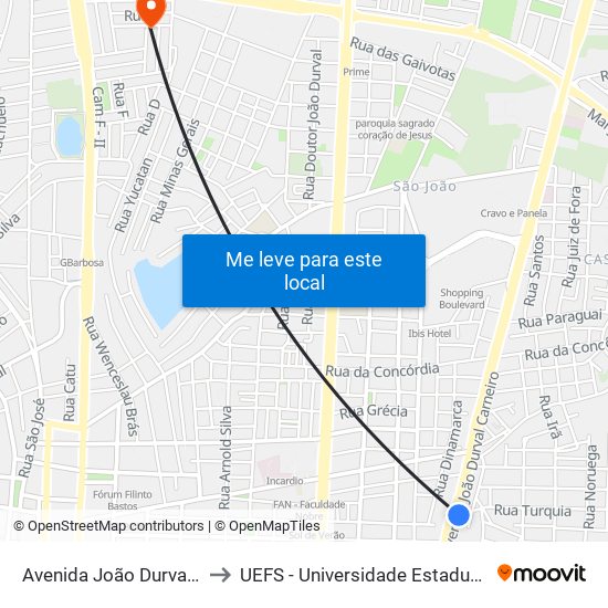 Avenida João Durval Carneiro, 2380 to UEFS - Universidade Estadual de Feira de Santana map
