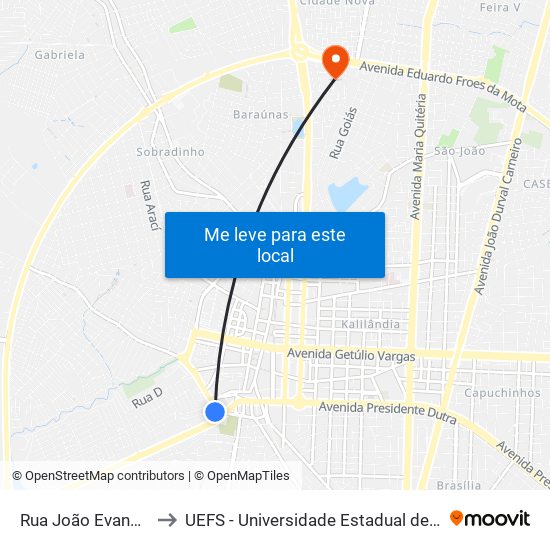 Rua João Evangelista, 16 to UEFS - Universidade Estadual de Feira de Santana map