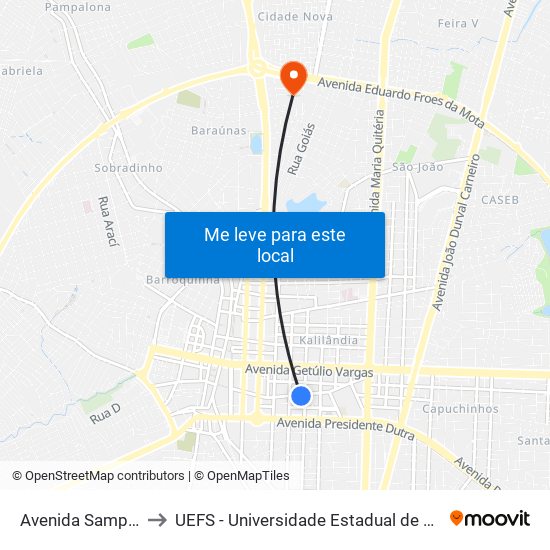 Avenida Sampaio, 543 to UEFS - Universidade Estadual de Feira de Santana map