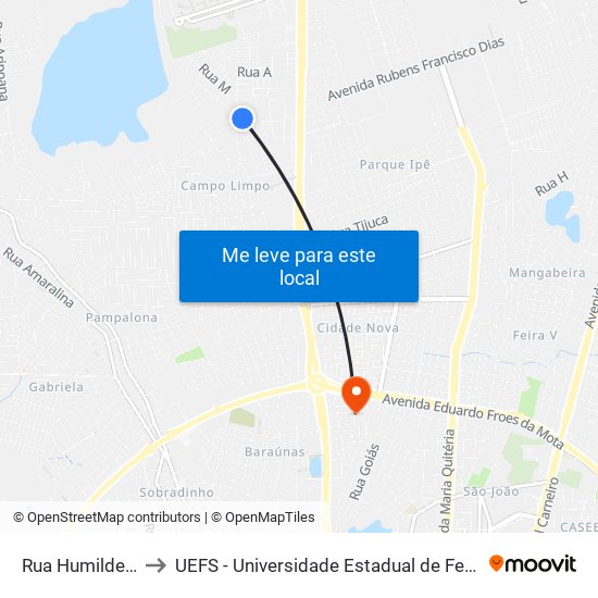 Rua Humildes, 490 to UEFS - Universidade Estadual de Feira de Santana map