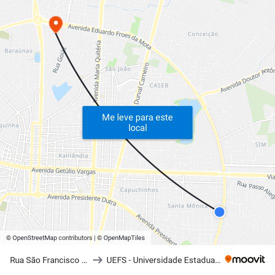 Rua São Francisco De Assis, 1382 to UEFS - Universidade Estadual de Feira de Santana map