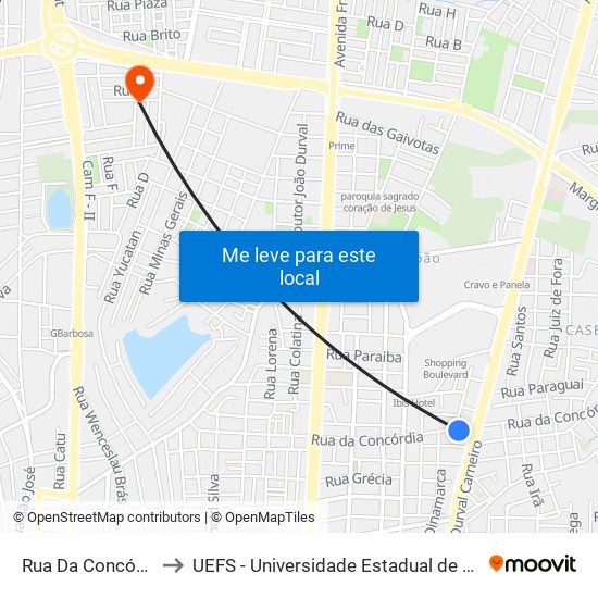 Rua Da Concórdia, 180 to UEFS - Universidade Estadual de Feira de Santana map