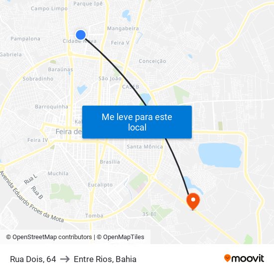 Rua Dois, 64 to Entre Rios, Bahia map