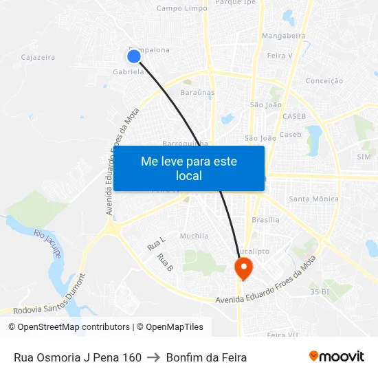 Rua Osmoria J Pena 160 to Bonfim da Feira map