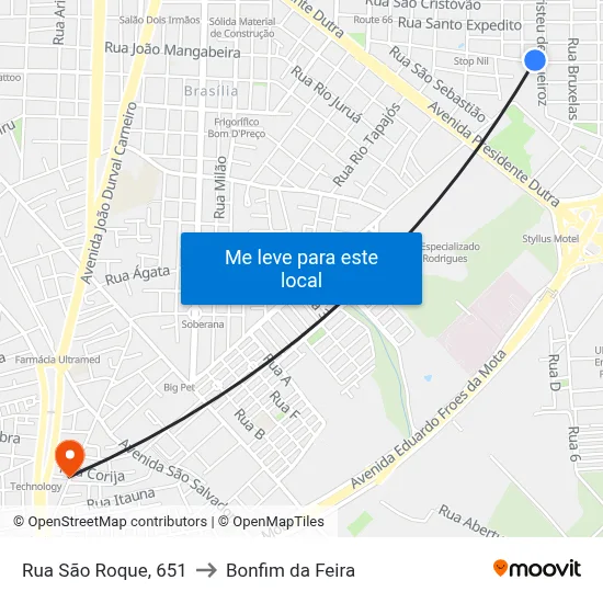 Rua São Roque, 651 to Bonfim da Feira map