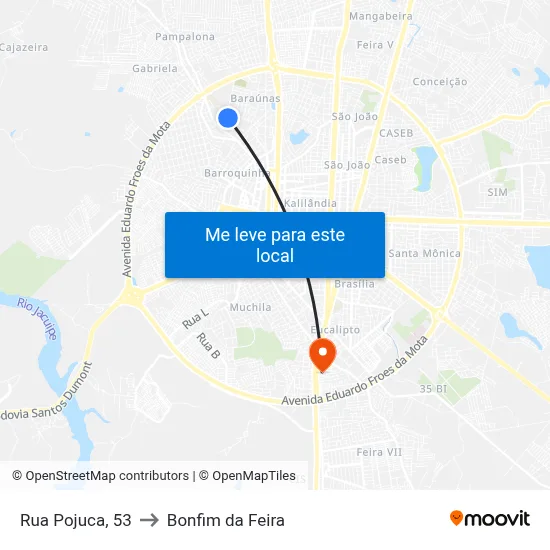Rua Pojuca, 53 to Bonfim da Feira map