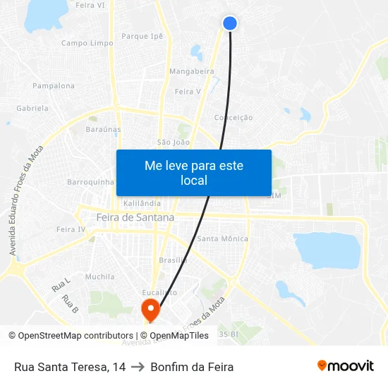 Rua Santa Teresa, 14 to Bonfim da Feira map