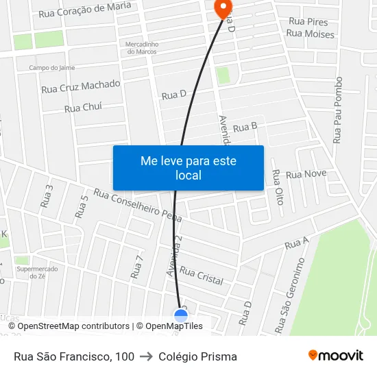 Rua São Francisco, 100 to Colégio Prisma map