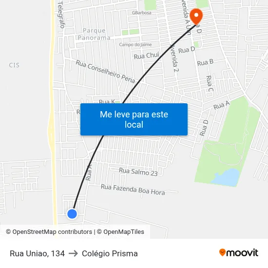 Rua Uniao, 134 to Colégio Prisma map
