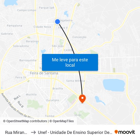 Rua Miranda, 658 to Unef - Unidade De Ensino Superior De Feira De Santana map