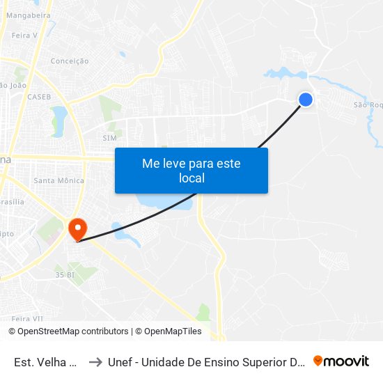 Est. Velha De Jaiba to Unef - Unidade De Ensino Superior De Feira De Santana map