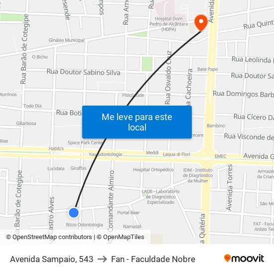 Avenida Sampaio, 543 to Fan - Faculdade Nobre map