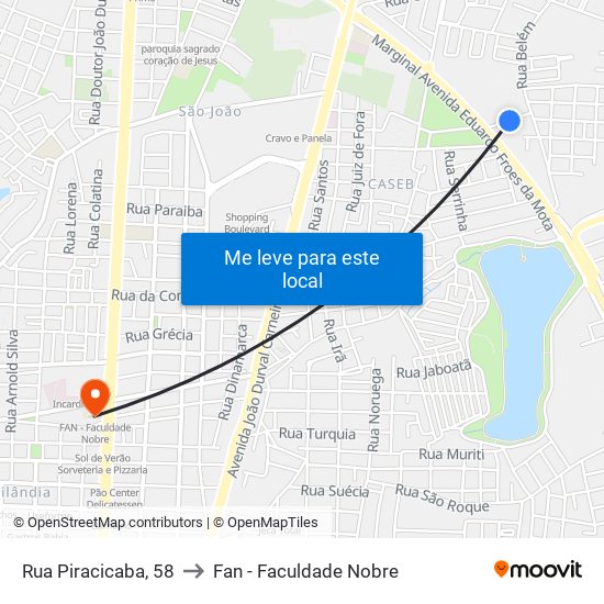 Rua Piracicaba, 58 to Fan - Faculdade Nobre map
