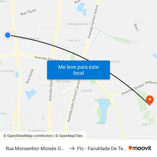 Rua Monsenhor Moisés Gonçalves Do Couto, 1590 to Ftc - Faculdade De Tecnologia E Ciências map