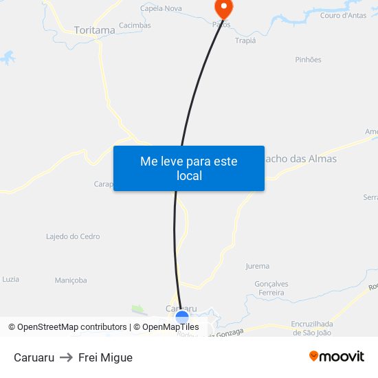 Caruaru to Frei Migue map