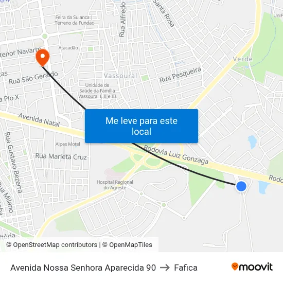 Avenida Nossa Senhora Aparecida 90 to Fafica map