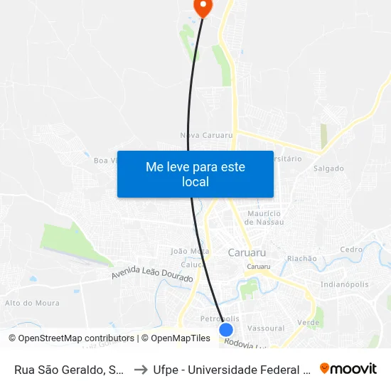 Rua São Geraldo, S/N - Caruaru to Ufpe - Universidade Federal De Pernambuco map