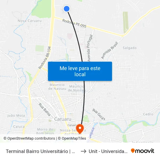 Terminal Bairro Universitário | Maternidade De Caruaru to Unit - Universidade Tiradentes map