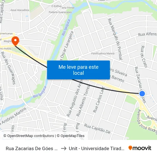 Rua Zacarias De Góes 1100 to Unit - Universidade Tiradentes map