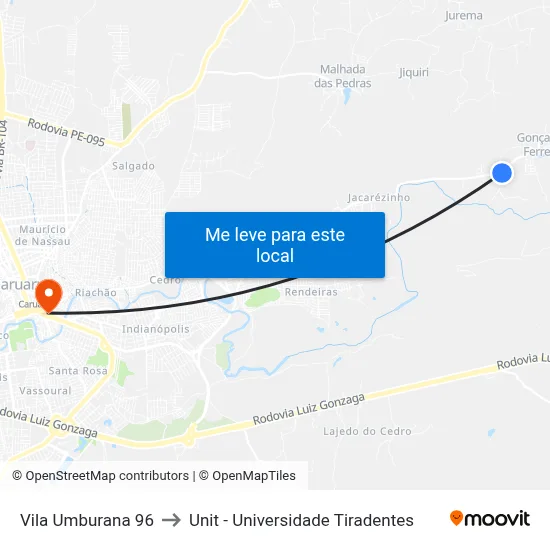 Vila Umburana 96 to Unit - Universidade Tiradentes map