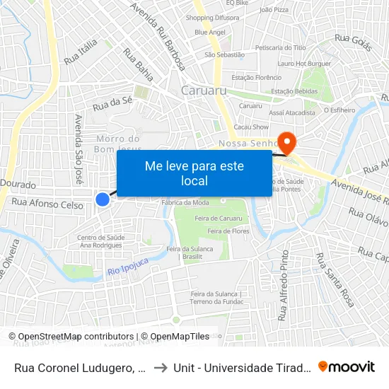 Rua Coronel Ludugero, S/N - Caruaru to Unit - Universidade Tiradentes map