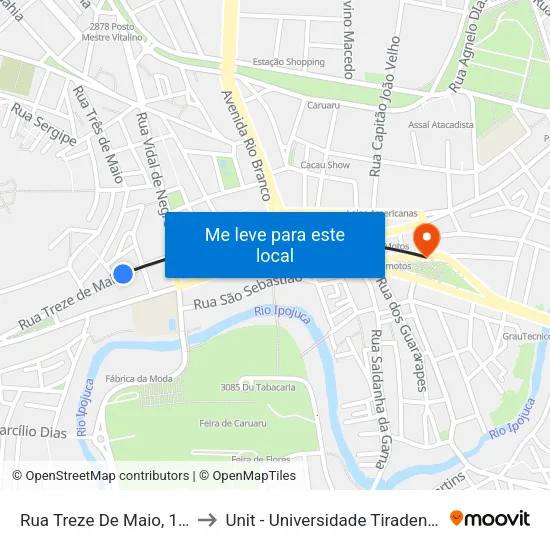 Rua Treze De Maio, 124 - Caruaru to Unit - Universidade Tiradentes map