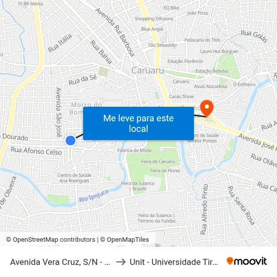 Avenida Vera Cruz, S/N - Caruaru to Unit - Universidade Tiradentes map