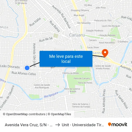 Avenida Vera Cruz, S/N - Caruaru to Unit - Universidade Tiradentes map