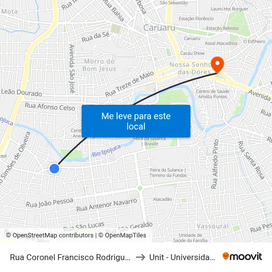 Rua Coronel Francisco Rodrigues Pôrto, 65 - Caruaru to Unit - Universidade Tiradentes map