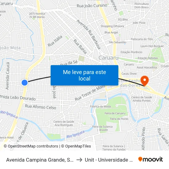 Avenida Campina Grande, S/N - Caruaru to Unit - Universidade Tiradentes map
