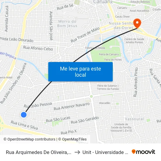 Rua Arquimedes De Oliveira, S/N - Caruaru to Unit - Universidade Tiradentes map