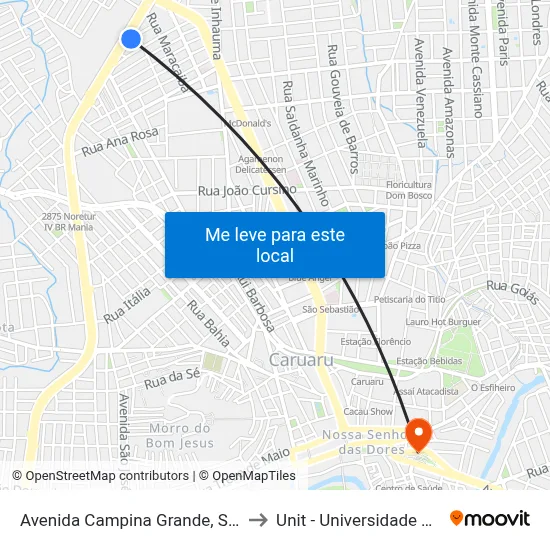 Avenida Campina Grande, S/N - Caruaru to Unit - Universidade Tiradentes map