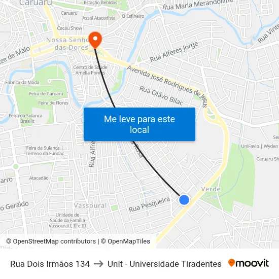 Rua Dois Irmãos 134 to Unit - Universidade Tiradentes map