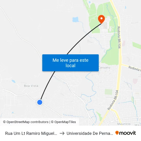 Rua Um Lt Ramiro Miguel De Sousa 100 to Universidade De Pernambuco - UPE map