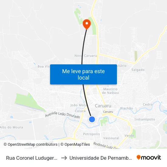 Rua Coronel Ludugero, S/N - Caruaru to Universidade De Pernambuco - UPE map