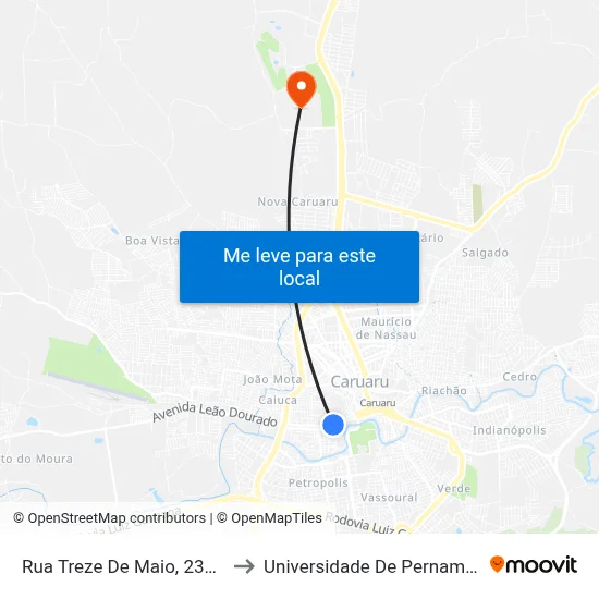 Rua Treze De Maio, 230 - Caruaru to Universidade De Pernambuco - UPE map
