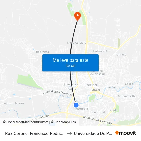 Rua Coronel Francisco Rodrigues Pôrto, S/N - Caruaru to Universidade De Pernambuco - UPE map