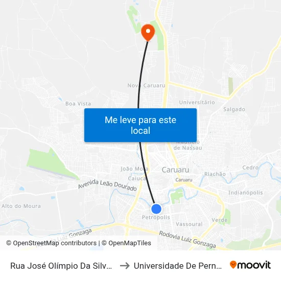 Rua José Olímpio Da Silva, S/N - Caruaru to Universidade De Pernambuco - UPE map