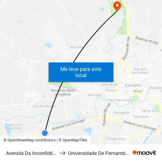 Avenida Da Inconfidência 350 to Universidade De Pernambuco - UPE map