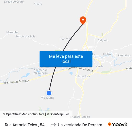 Rua Antonio Teles , 547 - Caruaru to Universidade De Pernambuco - UPE map