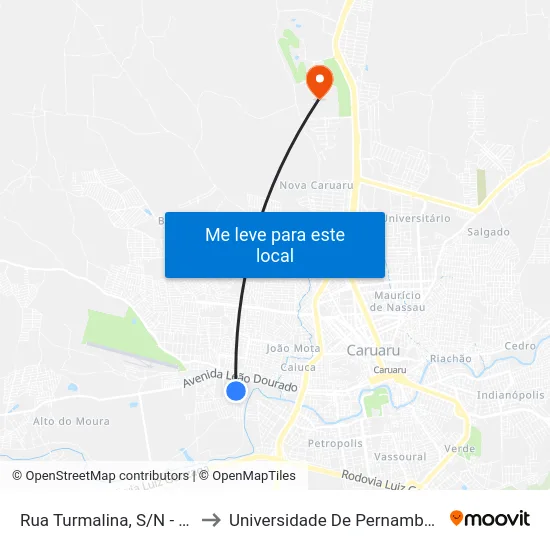 Rua Turmalina, S/N - Caruaru to Universidade De Pernambuco - UPE map