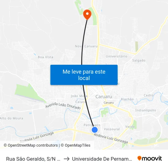 Rua São Geraldo, S/N - Caruaru to Universidade De Pernambuco - UPE map