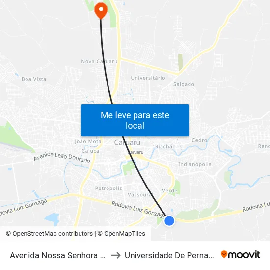 Avenida Nossa Senhora Aparecida 90 to Universidade De Pernambuco - UPE map