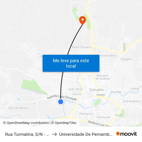Rua Turmalina, S/N - Caruaru to Universidade De Pernambuco - UPE map
