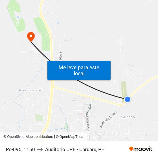 Pe-095, 1150 to Auditório UPE - Caruaru, PE map