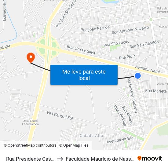 Rua Presidente Castelo Branco, 60 to Faculdade Maurício de Nassau - Unidade Caruaru map