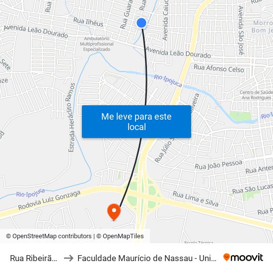 Rua Ribeirão, 340 to Faculdade Maurício de Nassau - Unidade Caruaru map