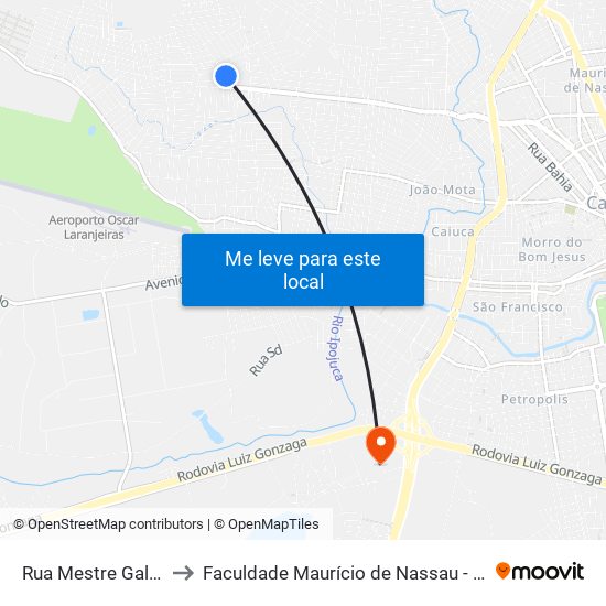 Rua Mestre Galdino, 160 to Faculdade Maurício de Nassau - Unidade Caruaru map