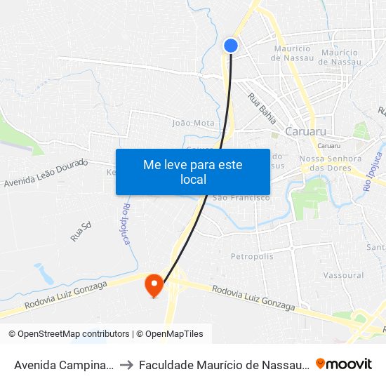 Avenida Campina Grande, 64 to Faculdade Maurício de Nassau - Unidade Caruaru map