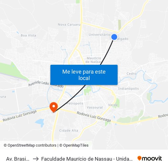 Av. Brasil, 25 to Faculdade Maurício de Nassau - Unidade Caruaru map